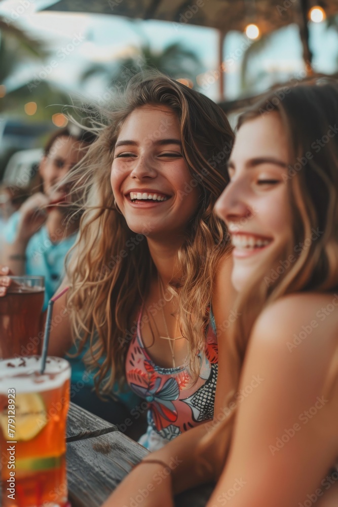 Portrait of a smiling young hippie woman enjoying with her friends in a bar on a summer day Portrait of a smiling young hippie woman enjoying with her friends in a bar on a summer day