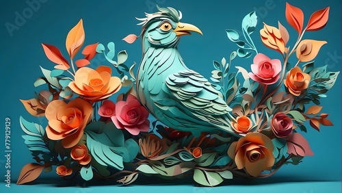 Illustration of a paper art bird  stylized paper flowers and leaves on light turquoise background