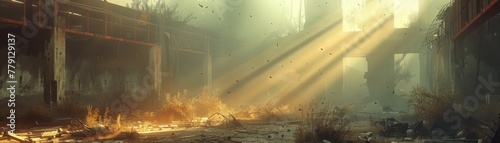 Sunlight streams through industrial ruins - Warm sunlight pierces the gloom of an abandoned industrial area, creating a scene of contrast and hope