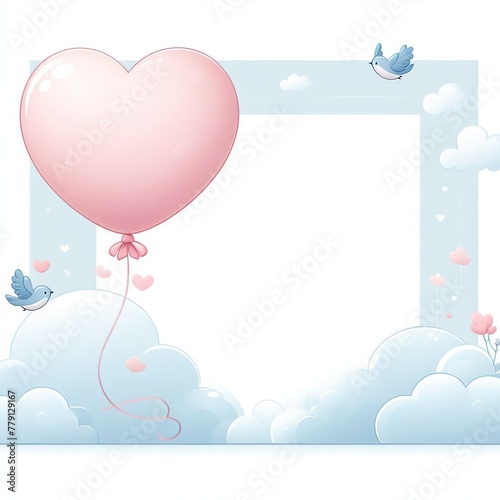baby shower invitation, pink heart with clouds and birds 