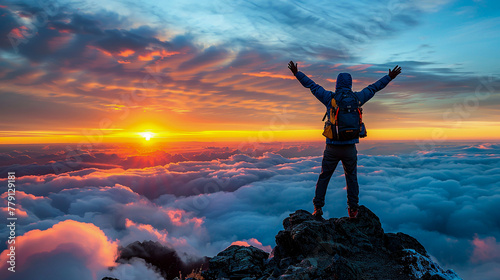 A person reaching the summit of a mountain, arms raised in victory against a breathtaking sunrise photo