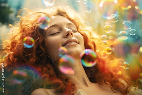 A teen blowing iridescent bubbles outdoors, creating a whimsical, dreamy atmosphere