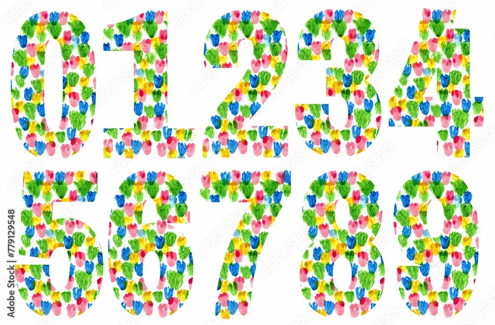 Colorful numbers designs on white background. Beautiful multicolored numbers design decorated from 0 to 9..