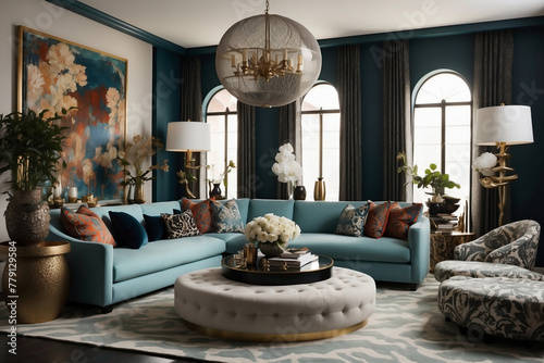 Elegantes Wohnzimmer in Blautönen mit modernen und traditionellen Designelementen photo