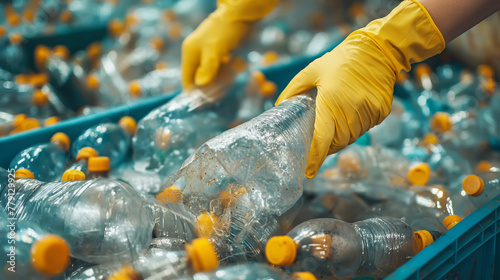 Hands of a worker in rubber gloves at work in the secondary production of plastic bottles