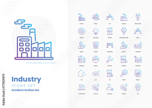 industry icons set such as, Factory, Manufacturing, Production Line, Machinery, Industrial Robot, Assembly Line, vector stock illustration