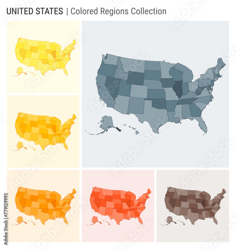USA map collection. Country shape with colored regions. Blue, Grey, Yellow, Amber, Orange, Deep Orange, Brown color palettes. Border of USA with provinces for your infographic. Vector illustration.