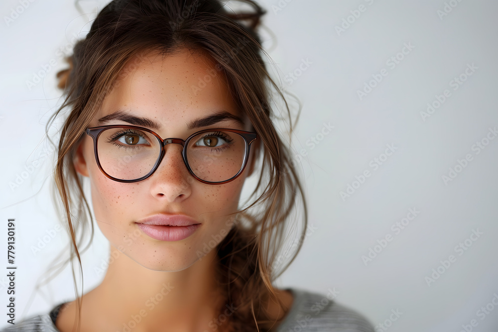 Closeup portrait of young beautiful woman in glasses, isolated on light grey background Closeup portrait of young beautiful woman in glasses, isolated on light grey background
