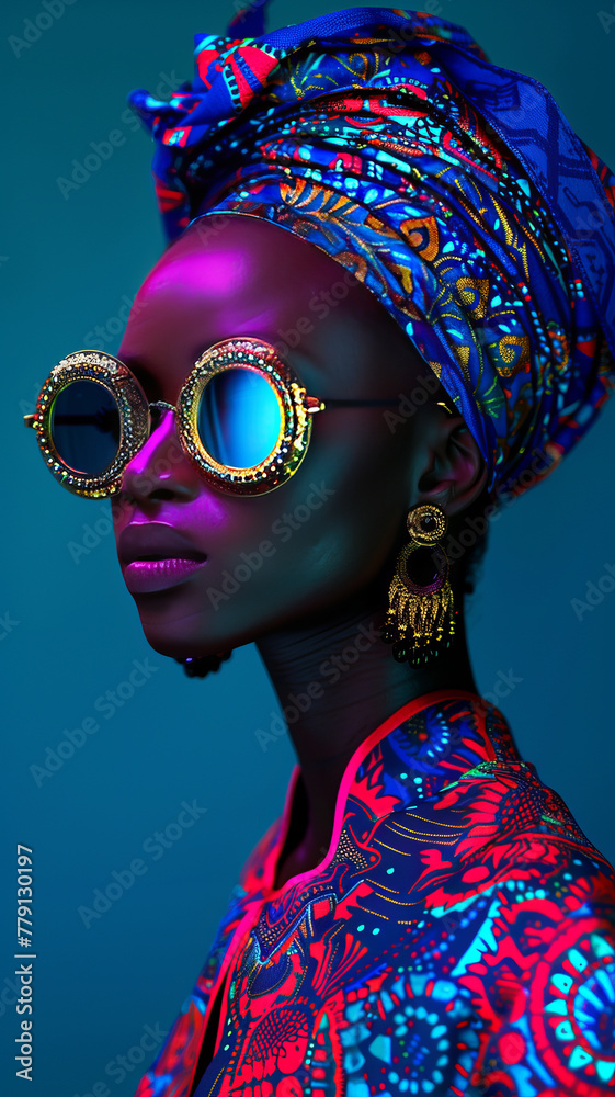 a beautiful prestigious skin and confident model wearing light tinted sunglasses, futuristic African fabrics with vibrant colours,generative ai