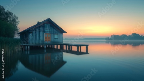 Tranquil lake at sunrise with small house, warm sky reflections for peaceful atmosphere