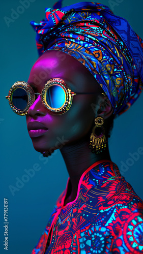 Obraz na płótnie a beautiful prestigious skin and confident model wearing light tinted sunglasses, futuristic African fabrics with vibrant colours,generative ai w salonie