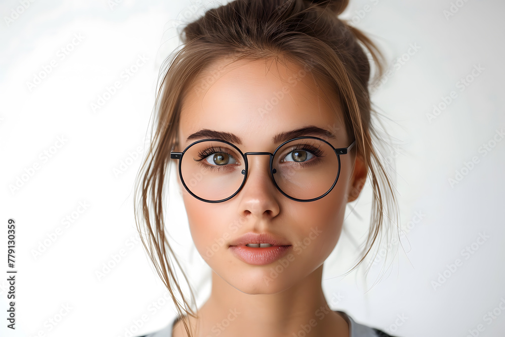 Closeup portrait of young beautiful woman in glasses, isolated on light grey background Closeup portrait of young beautiful woman in glasses, isolated on light grey background