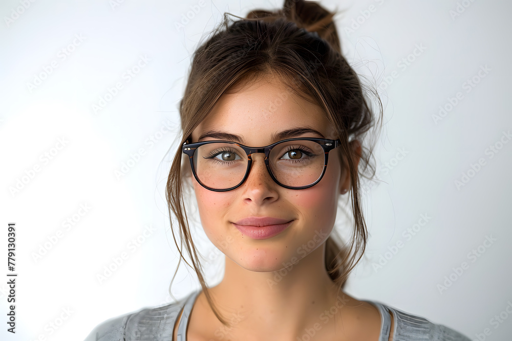 Closeup portrait of young beautiful woman in glasses, isolated on light grey background Closeup portrait of young beautiful woman in glasses, isolated on light grey background