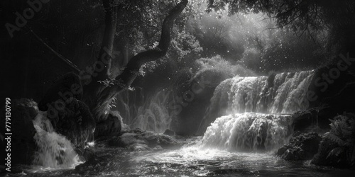 A striking black and white photo of a majestic waterfall. Ideal for nature and travel themes