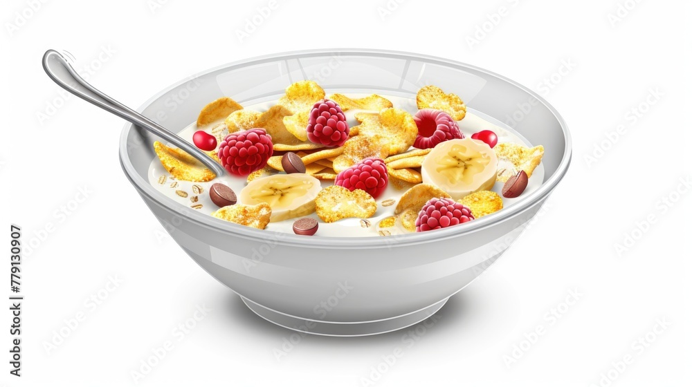 A bowl of cereal topped with fresh bananas and raspberries. Perfect for breakfast concept A bowl of cereal topped with fresh bananas and raspberries. Perfect for breakfast concept