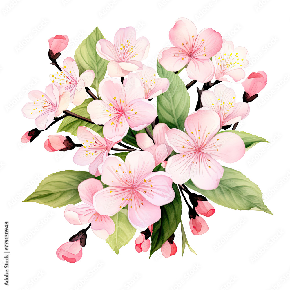 AI-generated watercolor cute pink cherry blossom flowers with leaves clip art illustration. Isolated elements on a white background.