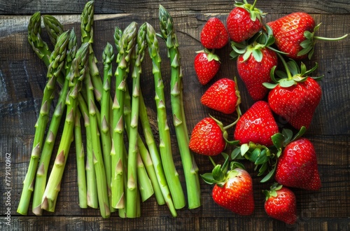 Close-up of vibrant green asparagus spears paired with fresh red strawberries, beautifully arranged on a rustic wooden background