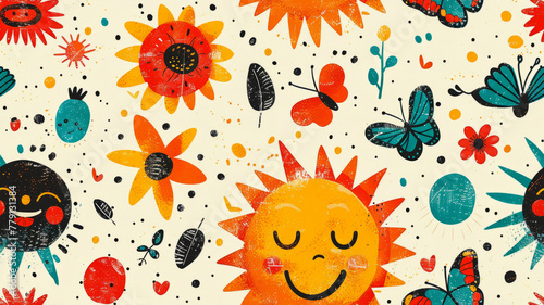 Colorful children hand drawn vector pattern with child, butterfly and sun symbols,generative ai