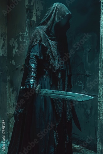 A mysterious figure in a black robe holding a sharp knife. Suitable for thriller or horror themes photo