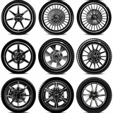 A collection of four different types of wheels. Suitable for various industrial, automotive, and mechanical concepts