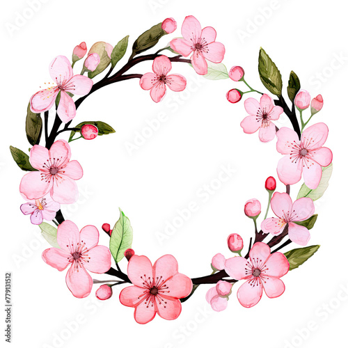 AI-generated watercolor cute pink cherry blossom flowers wreath clip art illustration. Isolated elements on a white background.