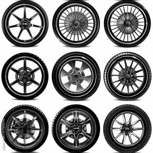 A collection of four different types of wheels. Suitable for various industrial, automotive, and mechanical concepts