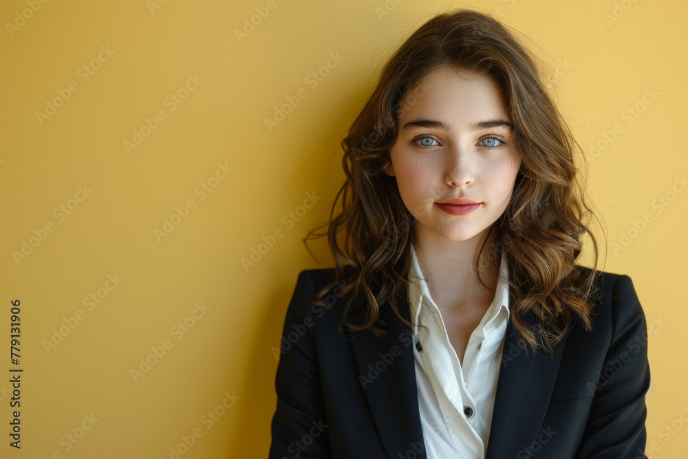 A woman in a black jacket and white shirt stands in front of a yellow wall A woman in a black jacket and white shirt stands in front of a yellow wall