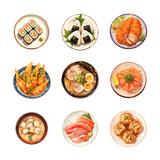 Watercolor set of Japanese dishes on transparent background. Bruschetta, caprese salad, fettuccine alfredo, margherita pizza, lasagna, risotto, and spaghetti bolognese.