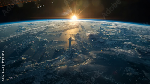 Vista mozzafiato di un'alba blu sopra l'orizzonte terrestre dallo spazio, con nuvole e stelle scintillanti photo