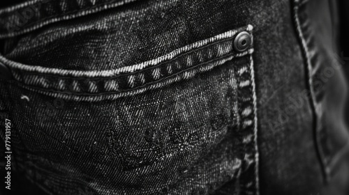 Detailed black and white image of a jeans pocket. Suitable for fashion or textile concepts