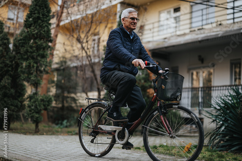 A smiling senior man in casual wear riding a bicycle on a paved path, depicting active lifestyle and healthy aging.
