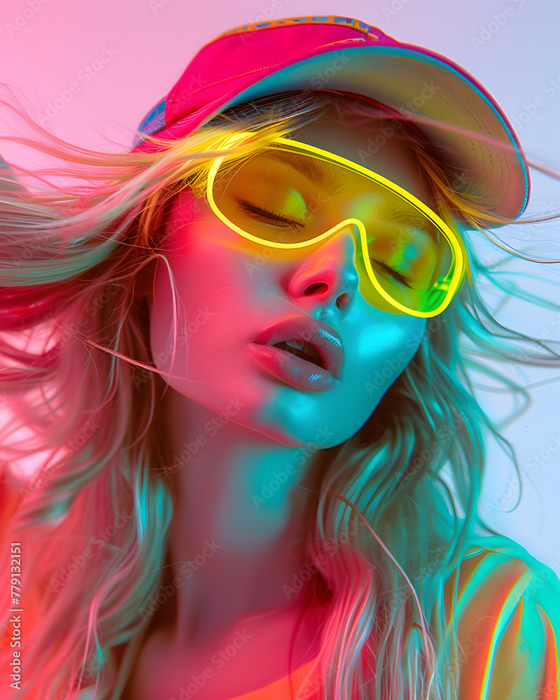 Obraz premium Close-up fashion portrait of a glamour woman wearing glasses in neon light