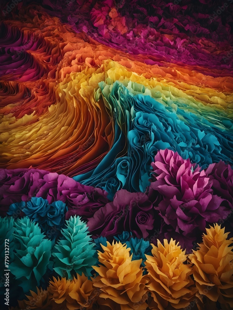 Vibrant rainbow-colored paper art display in abstract layers.