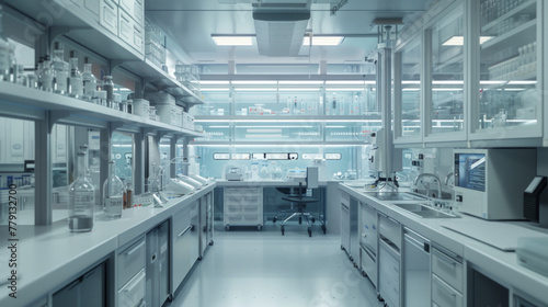 A state-of-the-art biotech research and development laboratory with gene editing tools and cell culture systems, momentarily unoccupied but ready to advance the field of gene therapy