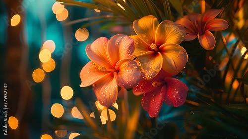 A detailed shot of a Hawaiian decoration, its vibrant colors and textures standing out against the soft, natural backdrop of an evening luau party.