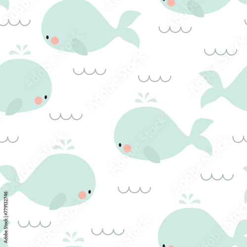 Cute whale seamless pattern. Background for kids with whales and waves . Vector illustration. It can be used for wallpapers, wrapping, cards, patterns for clothes and other. © Evalinda