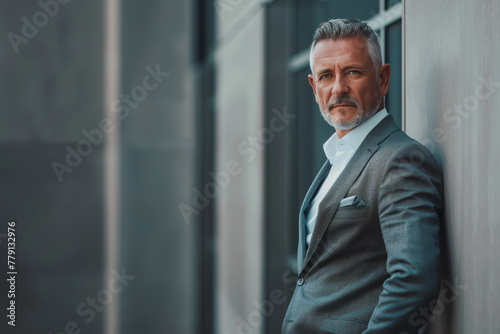 A man in a suit leans against a wall