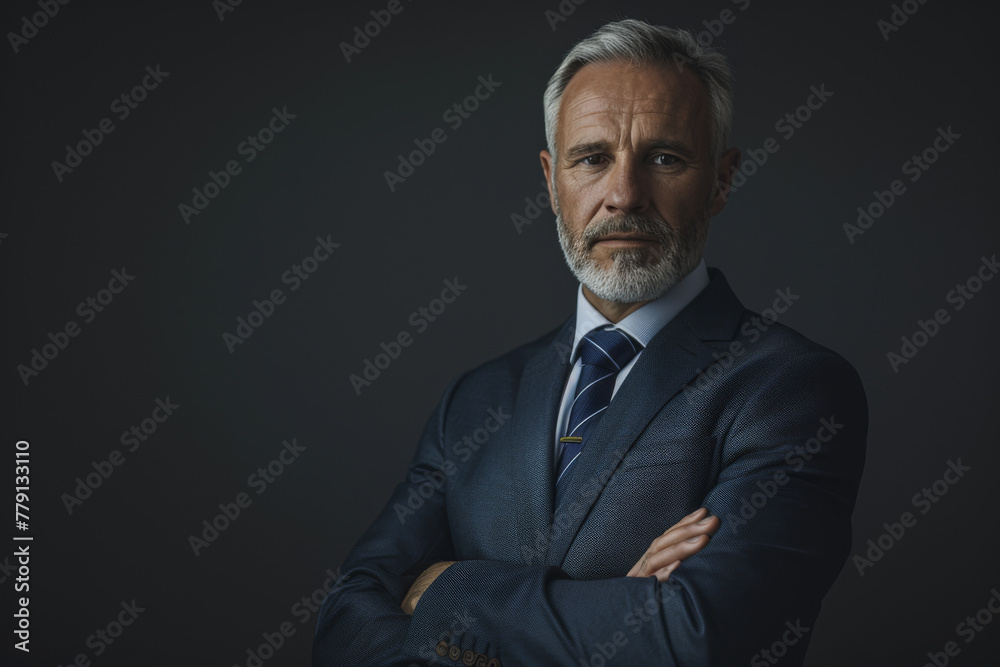A man in a suit and tie with his arms crossed A man in a suit and tie with his arms crossed
