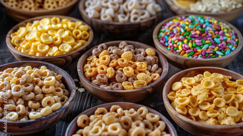 Various types of cereal in wooden bowls, perfect for breakfast concept