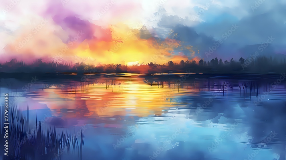 Watercolor Harmony: Lake Sunset Silhouettes./n