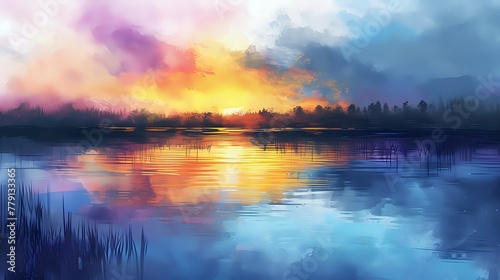 Watercolor Harmony: Lake Sunset Silhouettes./n