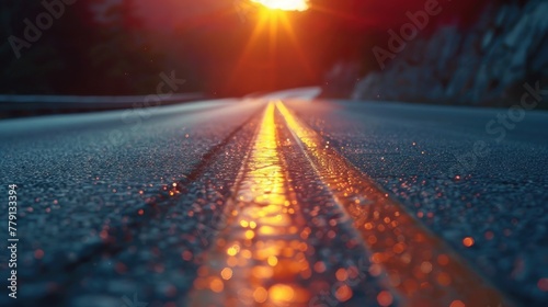 A wet road with the sun setting in the background. Ideal for transportation concepts