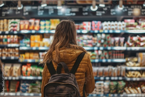 Woman Shopping With Backpack in Grocery Store