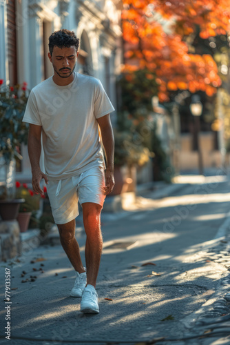 a man swalking down a street. one hand is holding his knee. he is having knee pain.generative ai photo