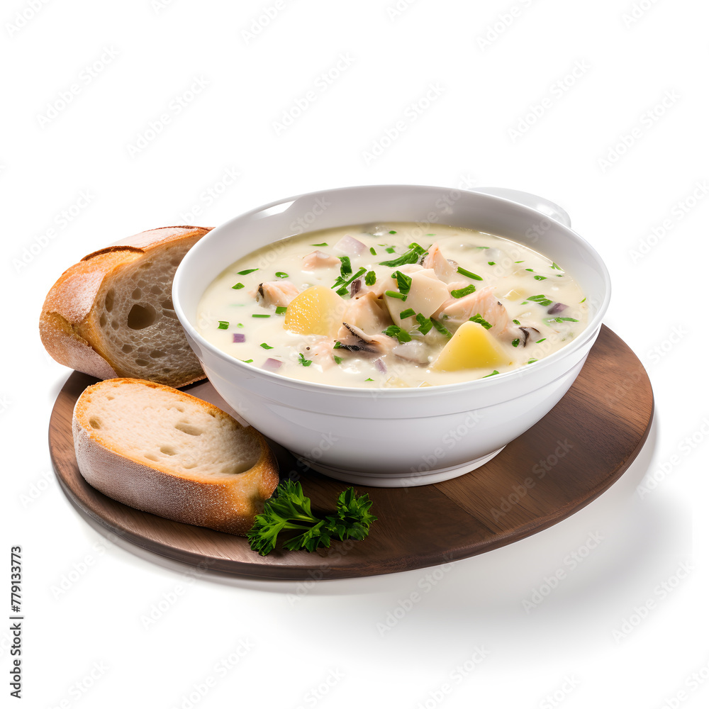 Scottish soup made with smoked haddock, potatoes, and onions, served in soup bowl, isolated on a white background Scottish soup made with smoked haddock, potatoes, and onions, served in soup bowl, isolated on a white background
