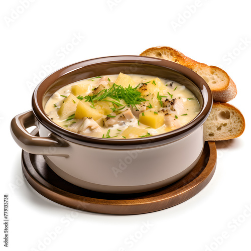 Scottish soup made with smoked haddock, potatoes, and onions, served in soup bowl, isolated on a white background
