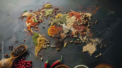 A unique world map made of spices  perfect for culinary and travel themes