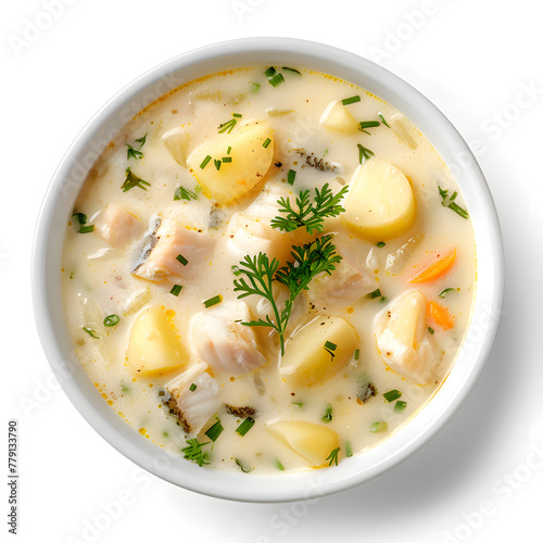 Scottish soup made with smoked haddock, potatoes, and onions, served in soup bowl top view, isolated on a white background