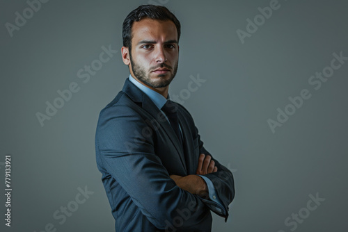 A man in a suit and tie with his arms crossed