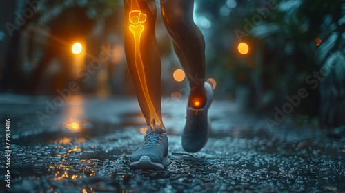 A composite showing a runner's leg with a glowing, red outline around the knee to signify joint pain, generative ai